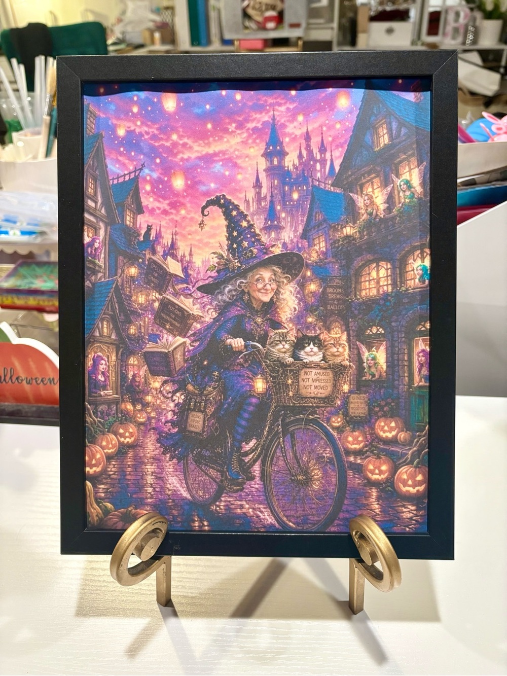 Halloween Witch Bicycle Art Print - Purple and Orange Framed 8x10 Wall Art